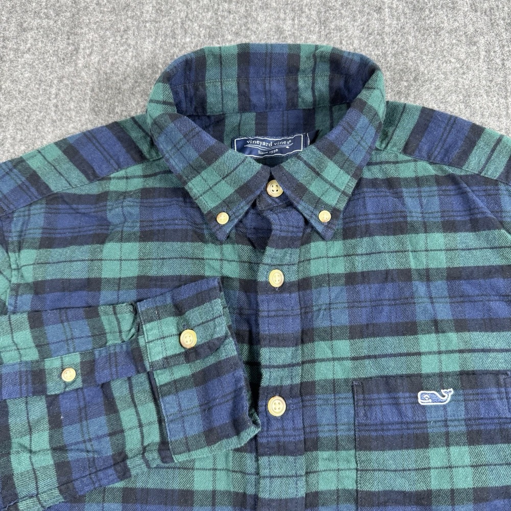 Vineyard Vines Men's M Green Navy Plaid Flannel Shirt Whale Logo Button Down
